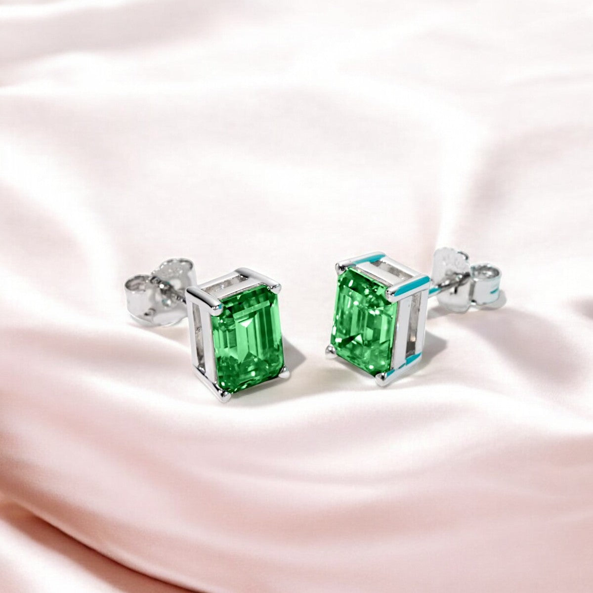10K White Gold Colombian Emerald Cut Stud Earrings with Sterling Silver Setting | Green Emerald - Luxury Collection Aura Diamonds