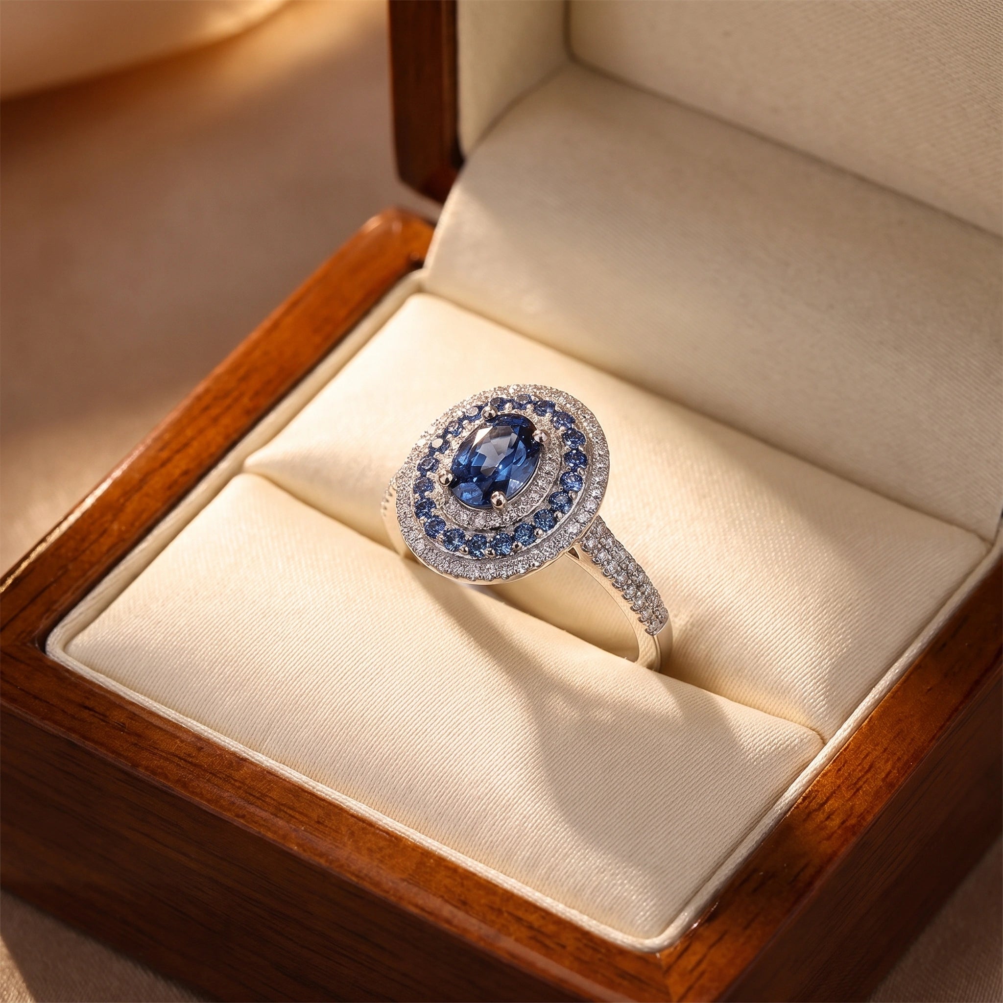 Blue moissanite halo ring, elegant product presentation