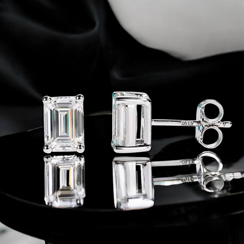 10K White Gold Emerald Cut Stud Earrings with Sterling Silver Setting (Rhodium Plated)| Sparkling Moissanite
