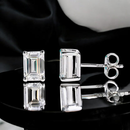 10K White Gold Emerald Cut Stud Earrings with Sterling Silver Setting (Rhodium Plated)| Sparkling Moissanite