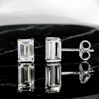 10K White Gold Emerald Cut Stud Earrings with Sterling Silver Setting (Rhodium Plated)| Sparkling Moissanite