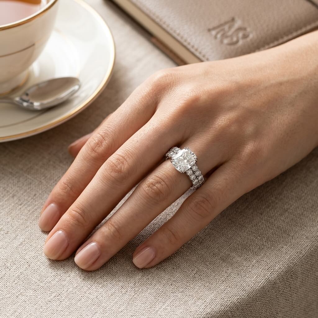 Cushion Moissanite Double Row Pavé Ring | 3ct Aura Diamonds