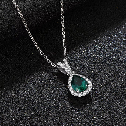 Elegant Pear Cut Emerald Halo Pendant | 1 Carat | Sterling Silver (Rhodium Plated)