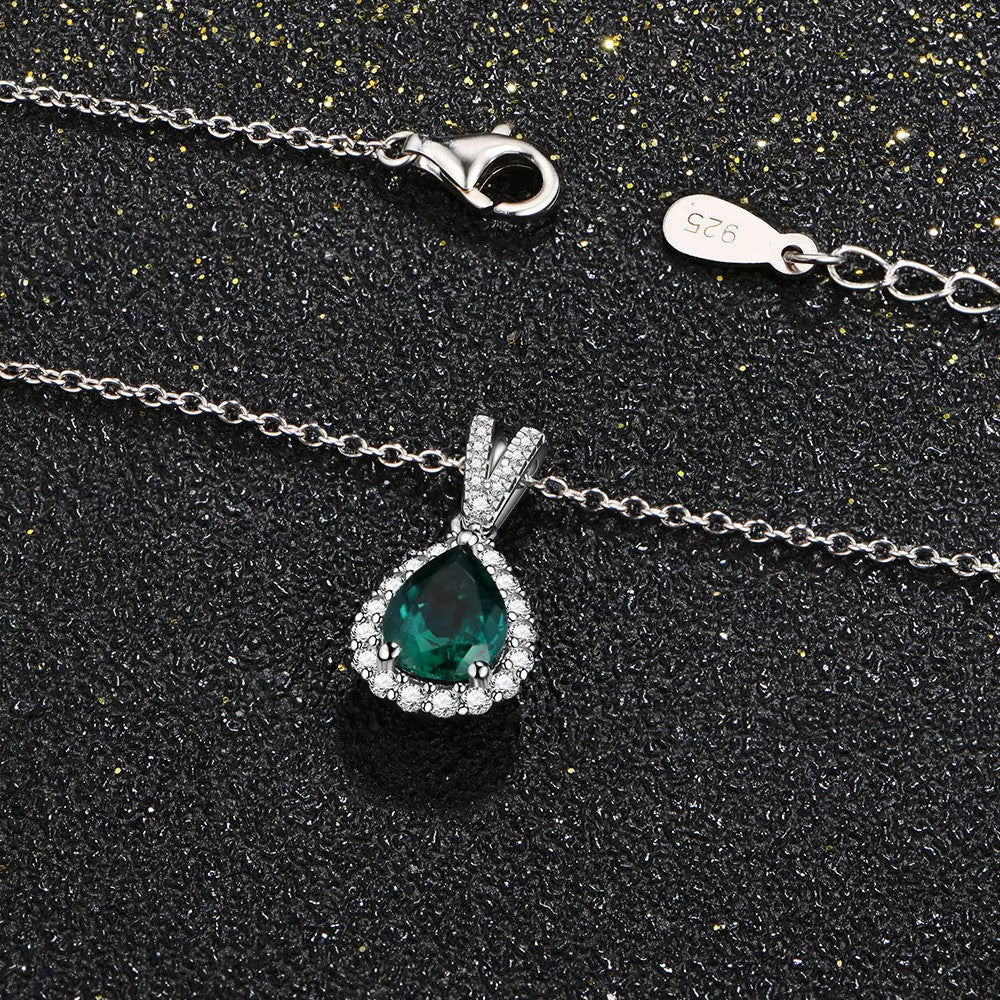Elegant Pear Cut Emerald Halo Pendant | 1 Carat | Sterling Silver (Rhodium Plated) Aura Diamonds