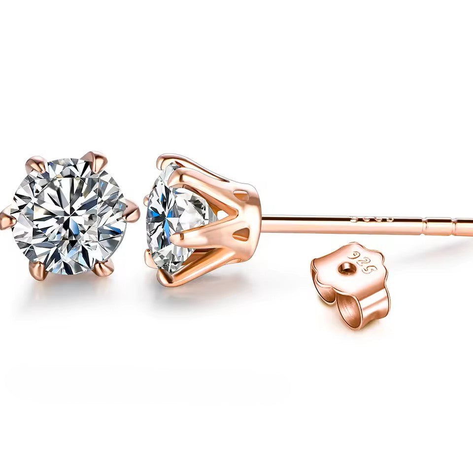 Aura Six-Prong Elegant Stud Earrings - White Gold/Rose Gold/Yellow Gold [Moissanite - Pink/Sea Green/ Black/Yellow Colours]