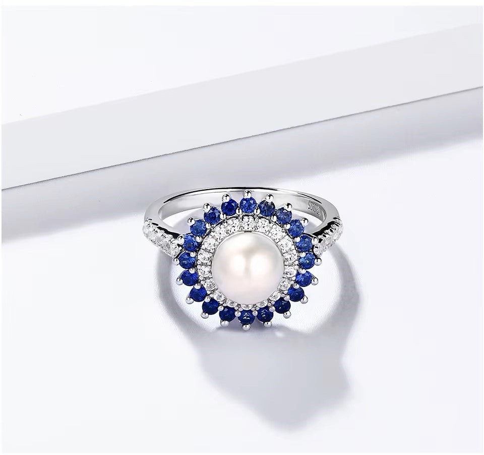 Nora Grace Pearl Halo Ring with Sapphires Nora Grace
