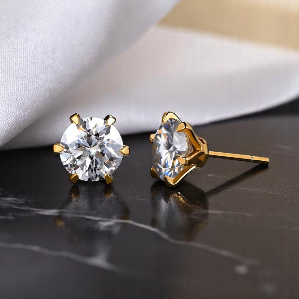 Aura Six-Prong Elegant Stud Earrings - White Gold/Rose Gold/Yellow Gold [Moissanite - Pink/Sea Green/ Black/Yellow Colours]
