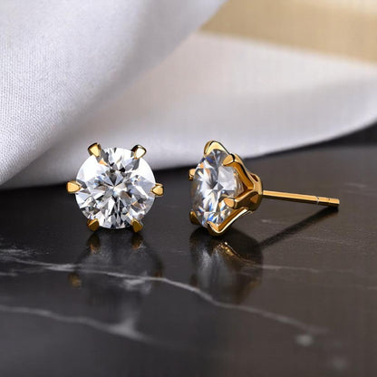 Aura Six-Prong Elegant Stud Earrings - White Gold/Rose Gold/Yellow Gold [Moissanite - Pink/Sea Green/ Black/Yellow Colours]
