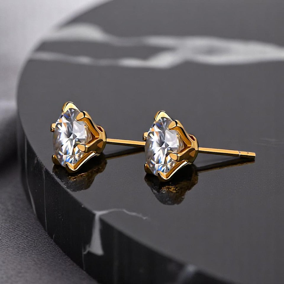 Aura Six-Prong Elegant Stud Earrings - White Gold/Rose Gold/Yellow Gold [Moissanite - Pink/Sea Green/ Black/Yellow Colours]