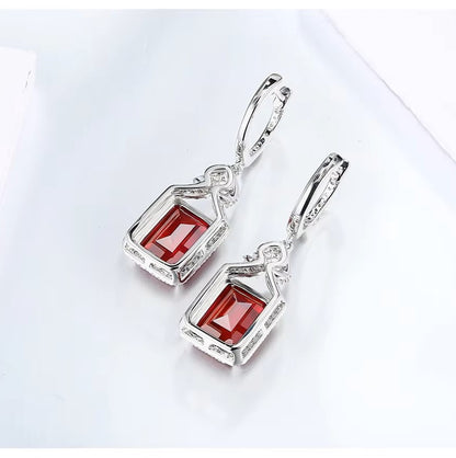 Nora Grace Ruby Halo Earrings - Red Emerald Cut - Sterling Silver