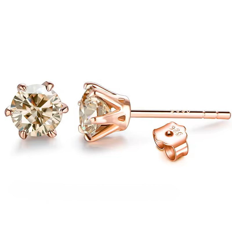 Aura Six-Prong Elegant Stud Earrings - White Gold/Rose Gold/Yellow Gold [Moissanite - Pink/Sea Green/ Black/Yellow Colours]
