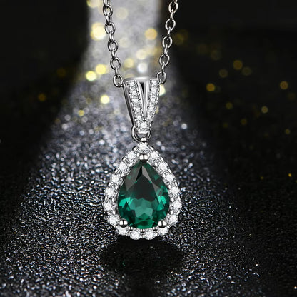 Elegant Pear Cut Emerald Halo Pendant | 1 Carat | Sterling Silver (Rhodium Plated)