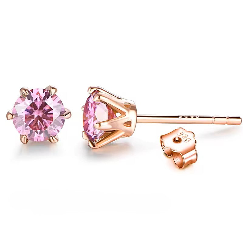 Aura Six-Prong Elegant Stud Earrings - White Gold/Rose Gold/Yellow Gold [Moissanite - Pink/Sea Green/ Black/Yellow Colours]