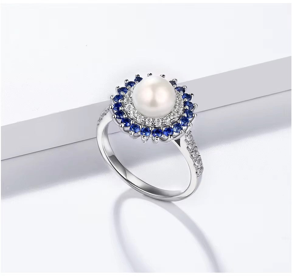 Nora Grace Pearl Halo Ring with Sapphires Nora Grace