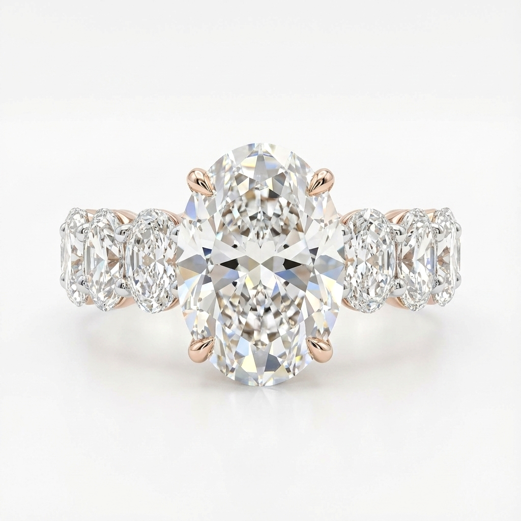 Eternal 8 Carat Weight Oval Heiress Ring With Side Oval Diamonds - Two Tone Aura Diamonds