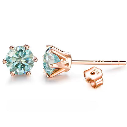 Aura Six-Prong Elegant Stud Earrings - White Gold/Rose Gold/Yellow Gold [Moissanite - Pink/Sea Green/ Black/Yellow Colours]