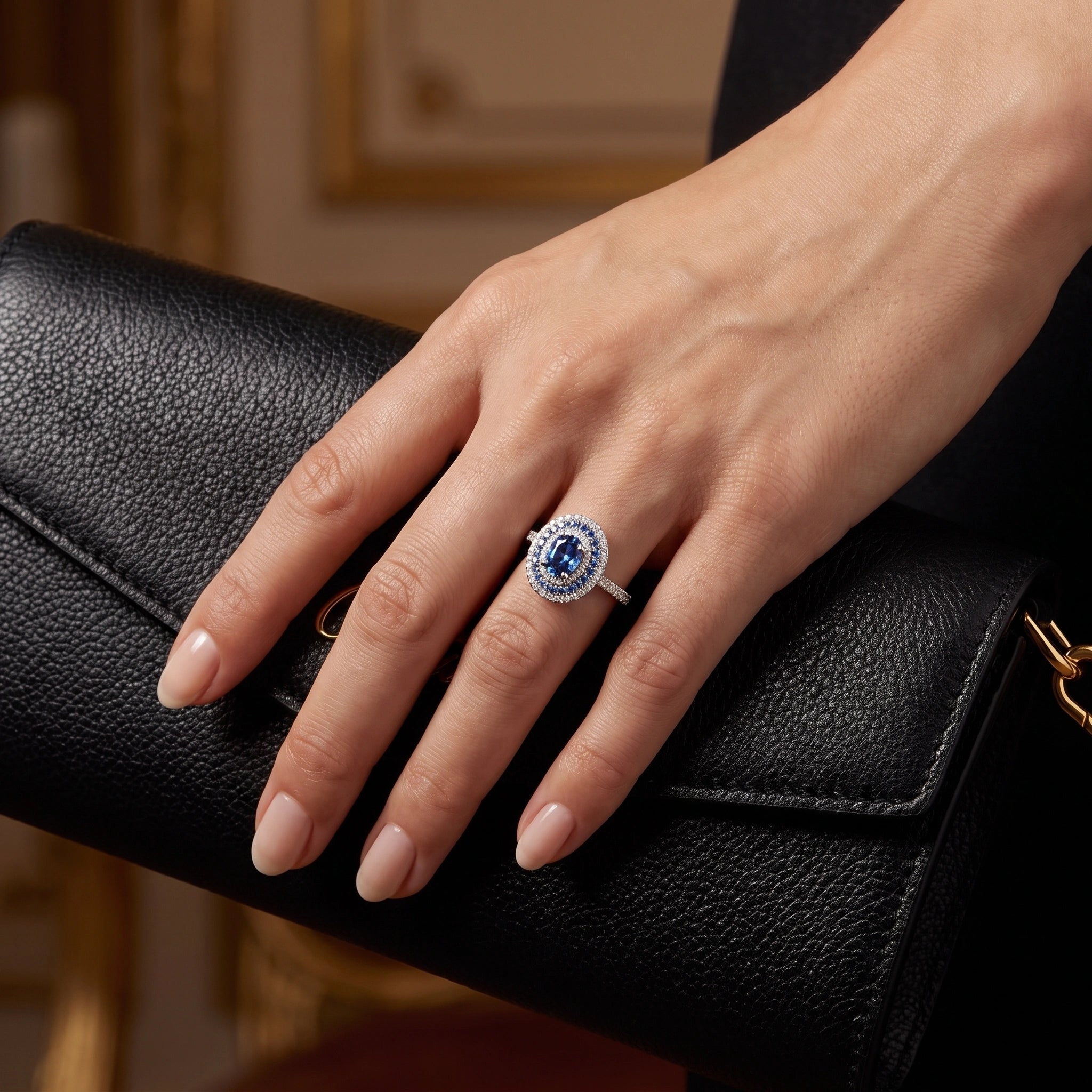 Blue moissanite halo ring detail, high-end marketing photography