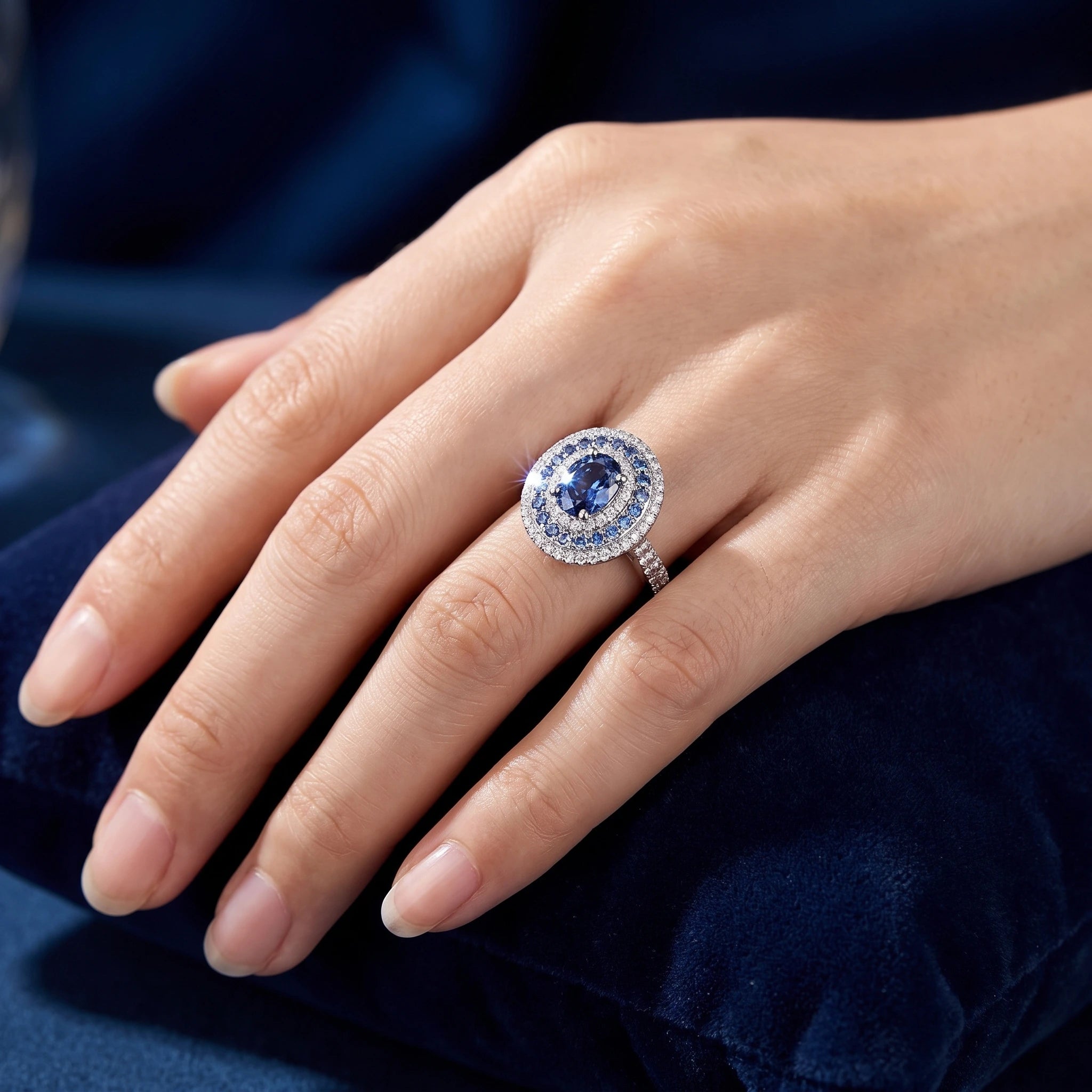 Celeste Oval Blue Moissanite Double Halo Ring Aura Diamonds