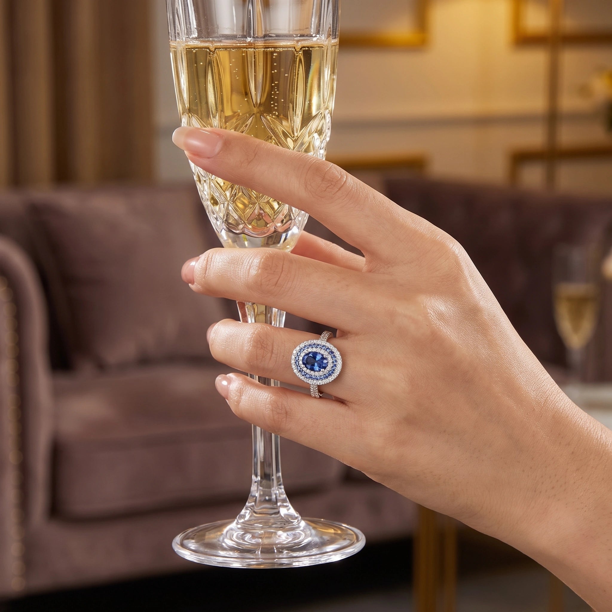 Blue moissanite double halo ring, luxury advertisement style