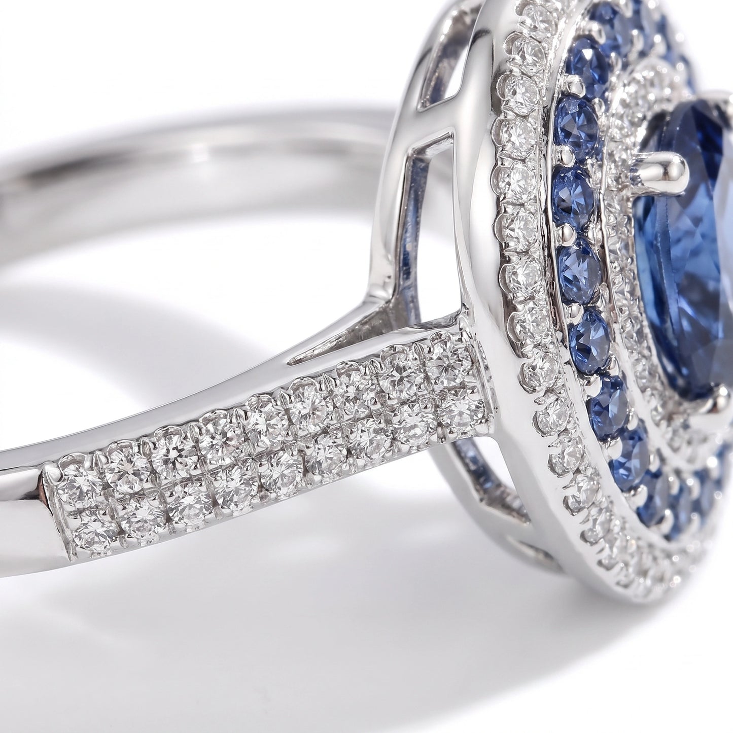 Blue moissanite double halo ring, studio hero shot