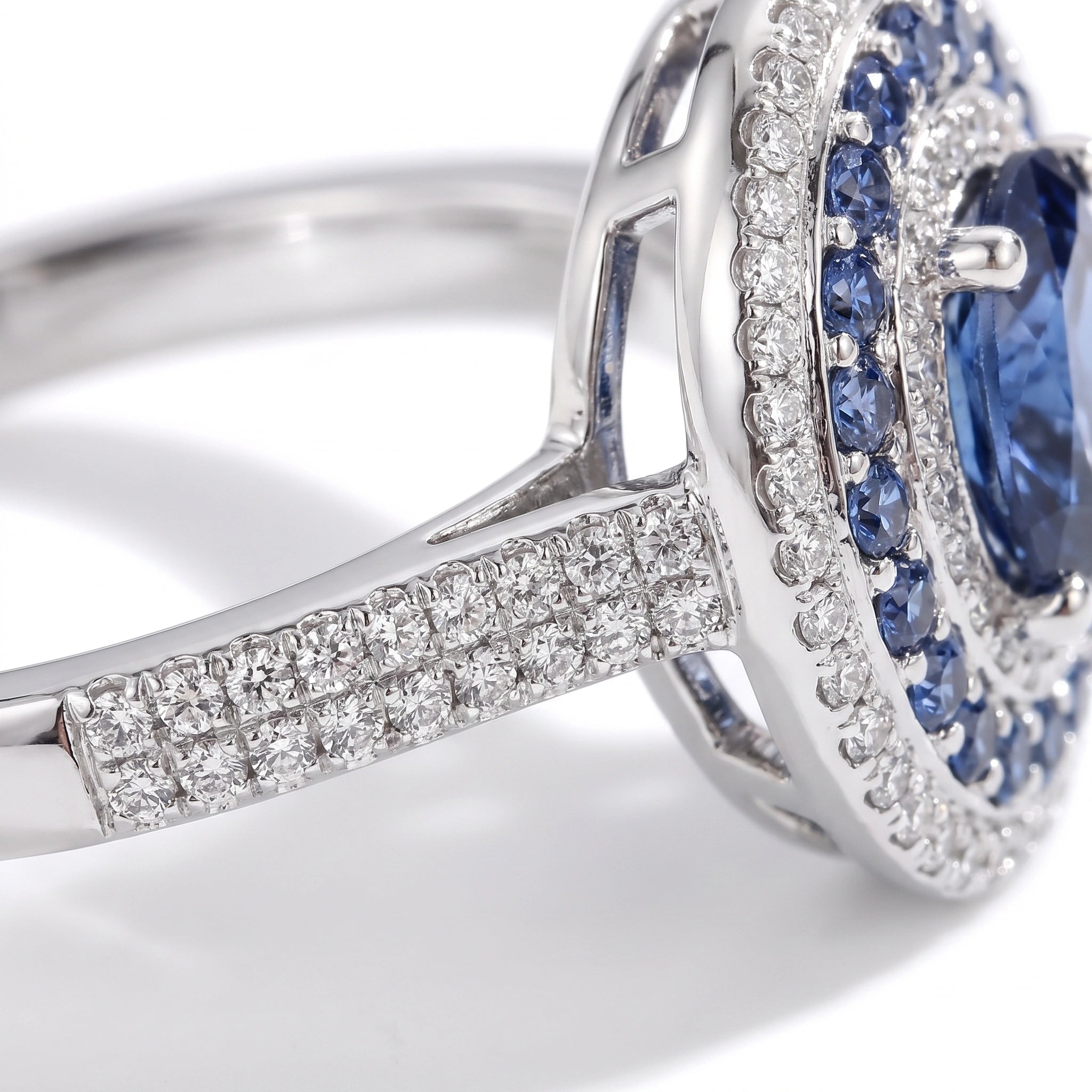 Blue moissanite double halo ring, studio hero shot