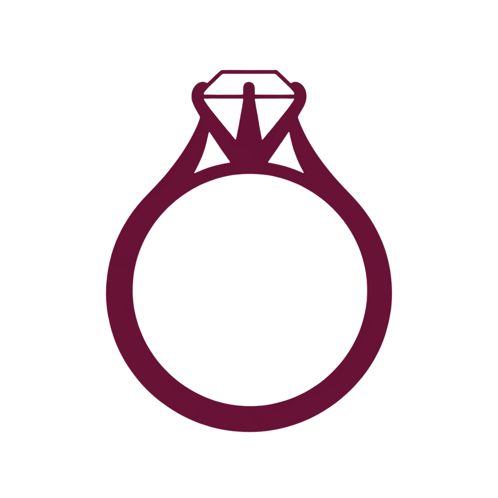 A minimalist dark burgundy line-art icon of a ring on a solid white background.