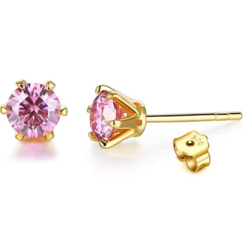 Aura Six-Prong Elegant Stud Earrings - White Gold/Rose Gold/Yellow Gold [Moissanite - Pink/Sea Green/ Black/Yellow Colours]