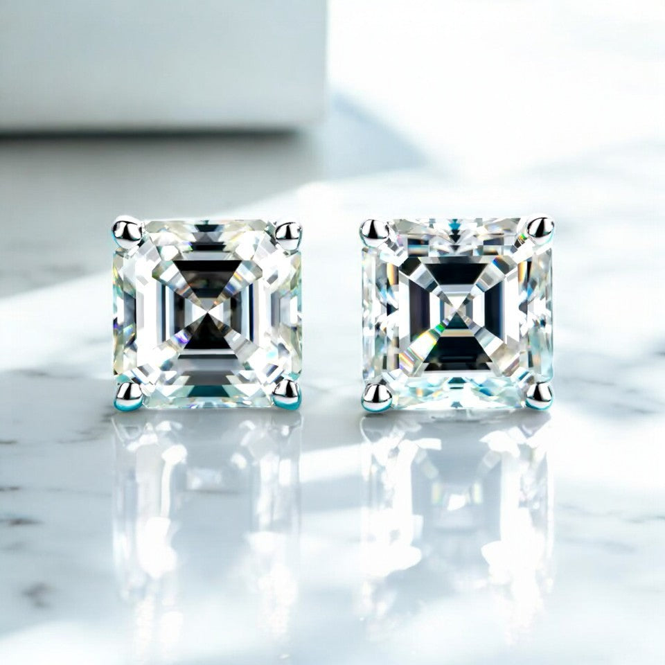 10K White Gold Asscher Cut Stud Earrings with Sterling Silver Setting (Rhodium Plated)| Sparkling Moissanite Aura Diamonds