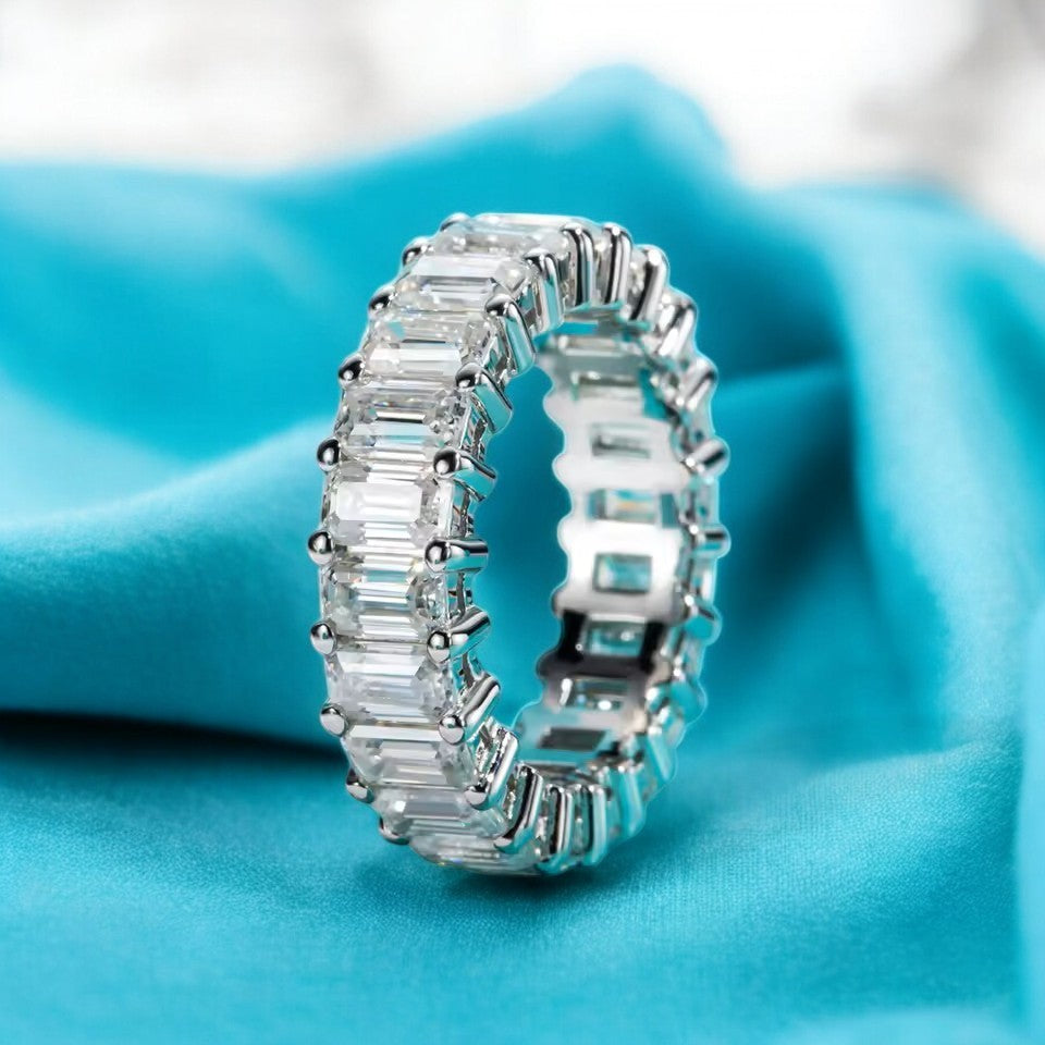 Aura Emerald Baguette Eternity Band ~ 8 Carat Weight- 5MM - Sterling Silver - Rhodium Plated - Moissanite Aura Diamonds