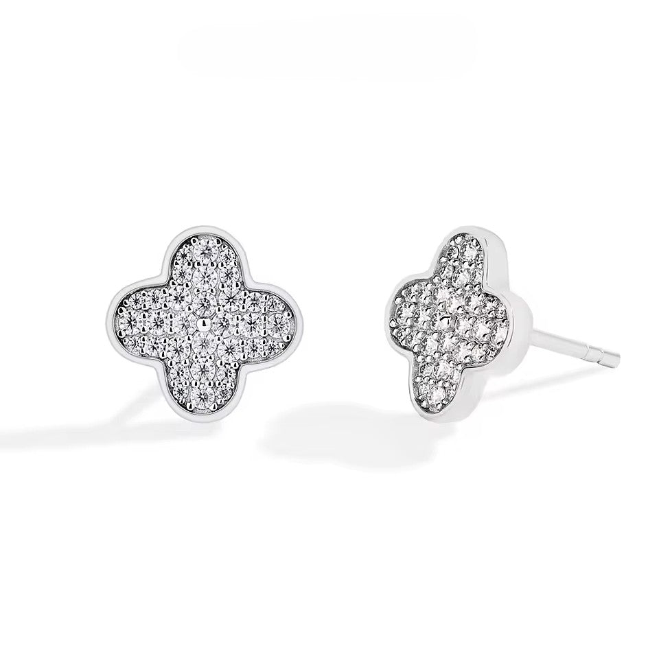 Dainty Clover Leaf Stud Earrings - Moissanite [Protective Rhodium Plated]