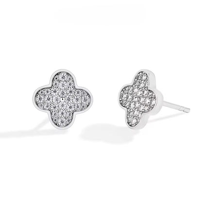 Dainty Clover Leaf Stud Earrings - Moissanite [Protective Rhodium Plated]