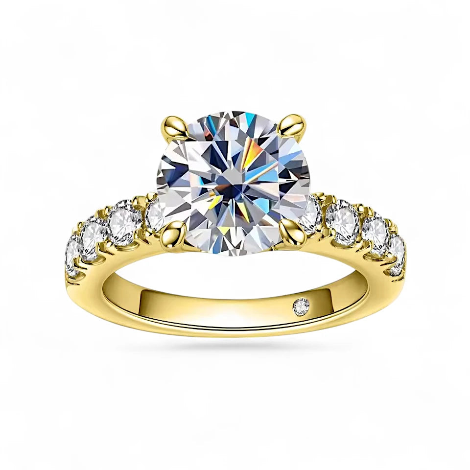 Luxury 4.3 Carat Round-Cut Solitaire Moissanite Ring with Accent Pave Stones Aura Diamonds