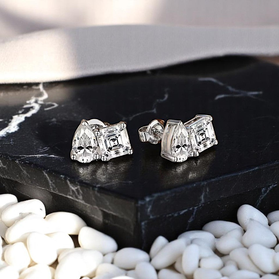 Toi et Moi 4.4 Carat Stud Earrings - Pear and Asscher Cut - Moissanite [2x2.2 CT] [Protective Rhodium Plated]