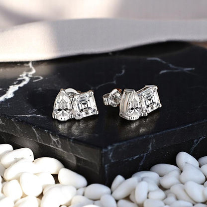 Toi et Moi 4.4 Carat Stud Earrings - Pear and Asscher Cut - Moissanite [2x2.2 CT] [Protective Rhodium Plated]