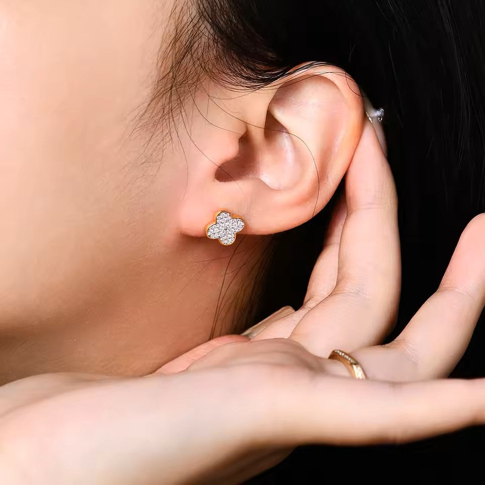 Dainty Clover Leaf Stud Earrings - Moissanite [Protective Rhodium Plated]