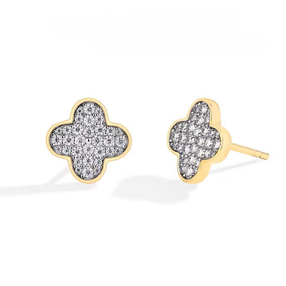 Dainty Clover Leaf Stud Earrings - Moissanite [Protective Rhodium Plated]
