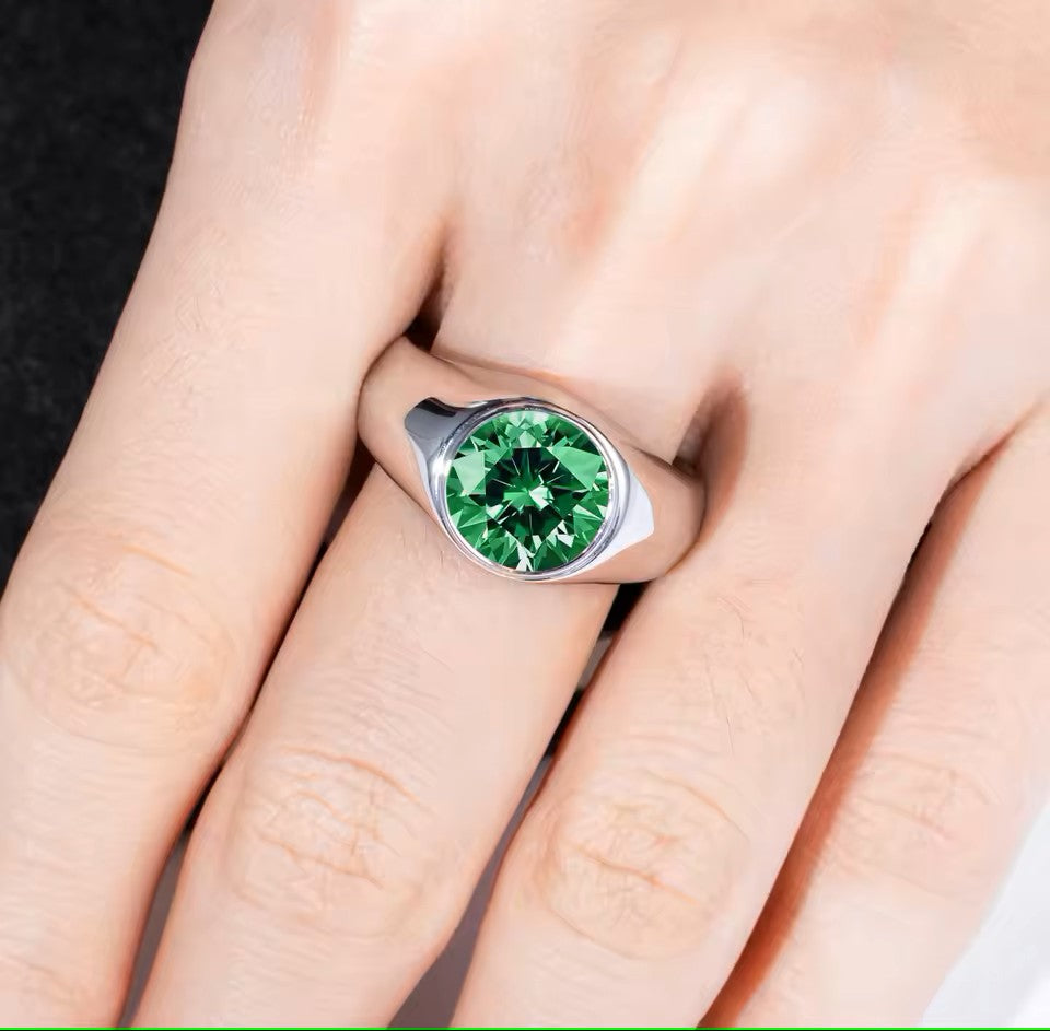 Men's 4 Carat Round-Cut Emerald Ring [Rhodium Plated] - VVS Lab Emerald Aura Diamonds