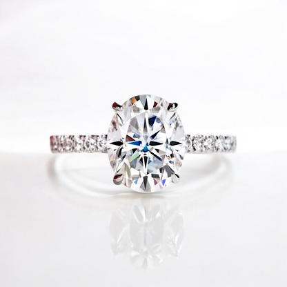 Aura 14K White Gold 3 Carat Oval Cut Ring with Pave Band | 14K Solid White Gold - Moissanite