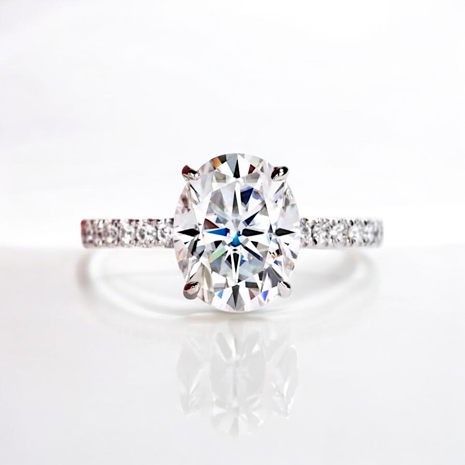 Aura 14K White Gold 3 Carat Oval Cut Ring with Pave Band | 14K Solid White Gold - Moissanite Aura Diamonds