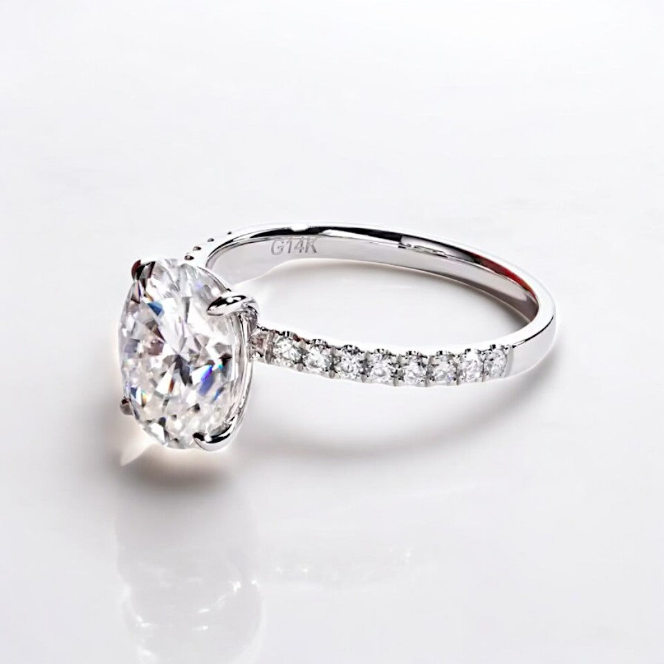 Aura 14K White Gold 3 Carat Oval Cut Ring with Pave Band | 14K Solid White Gold - Moissanite Aura Diamonds