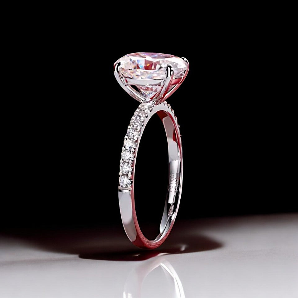 Aura 14K White Gold 3 Carat Oval Cut Ring with Pave Band | 14K Solid White Gold - Moissanite