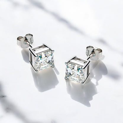 10K White Gold Asscher Cut Stud Earrings with Sterling Silver Setting (Rhodium Plated)| Sparkling Moissanite