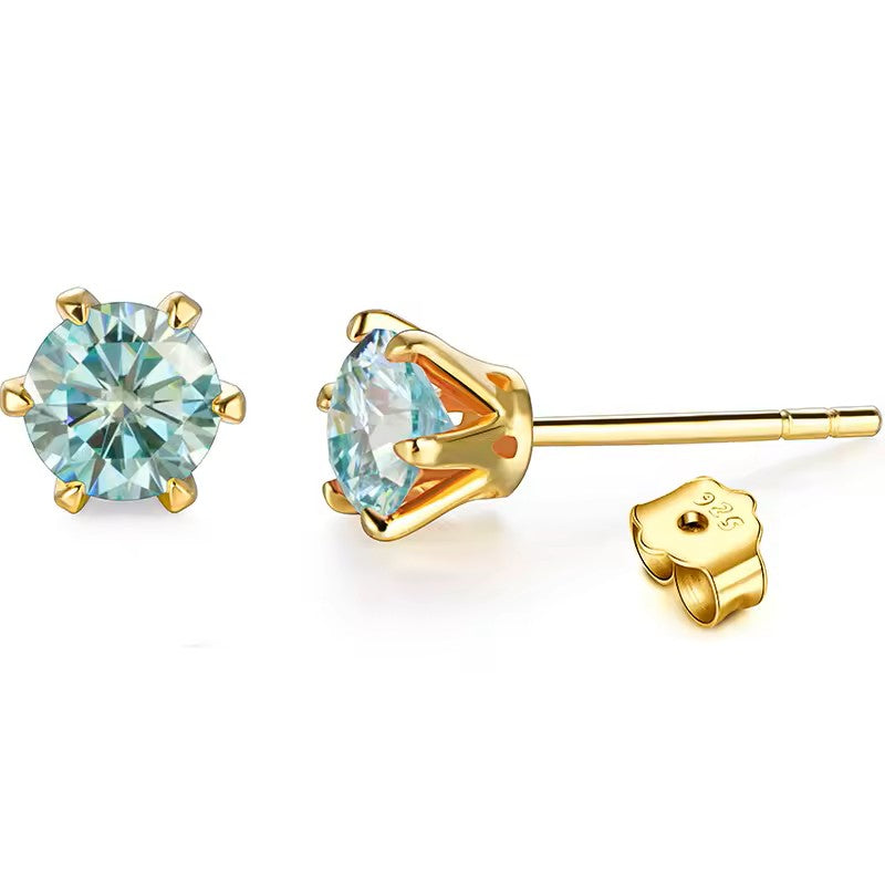Aura Six-Prong Elegant Stud Earrings - White Gold/Rose Gold/Yellow Gold [Moissanite - Pink/Sea Green/ Black/Yellow Colours]