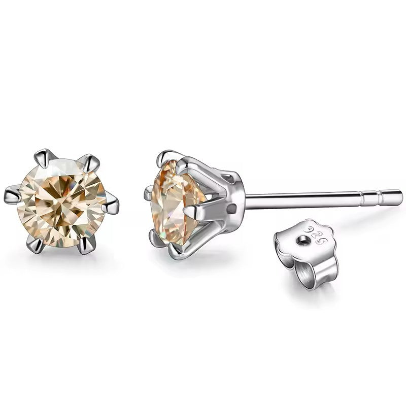 Aura Six-Prong Elegant Stud Earrings - White Gold/Rose Gold/Yellow Gold [Moissanite - Pink/Sea Green/ Black/Yellow Colours]