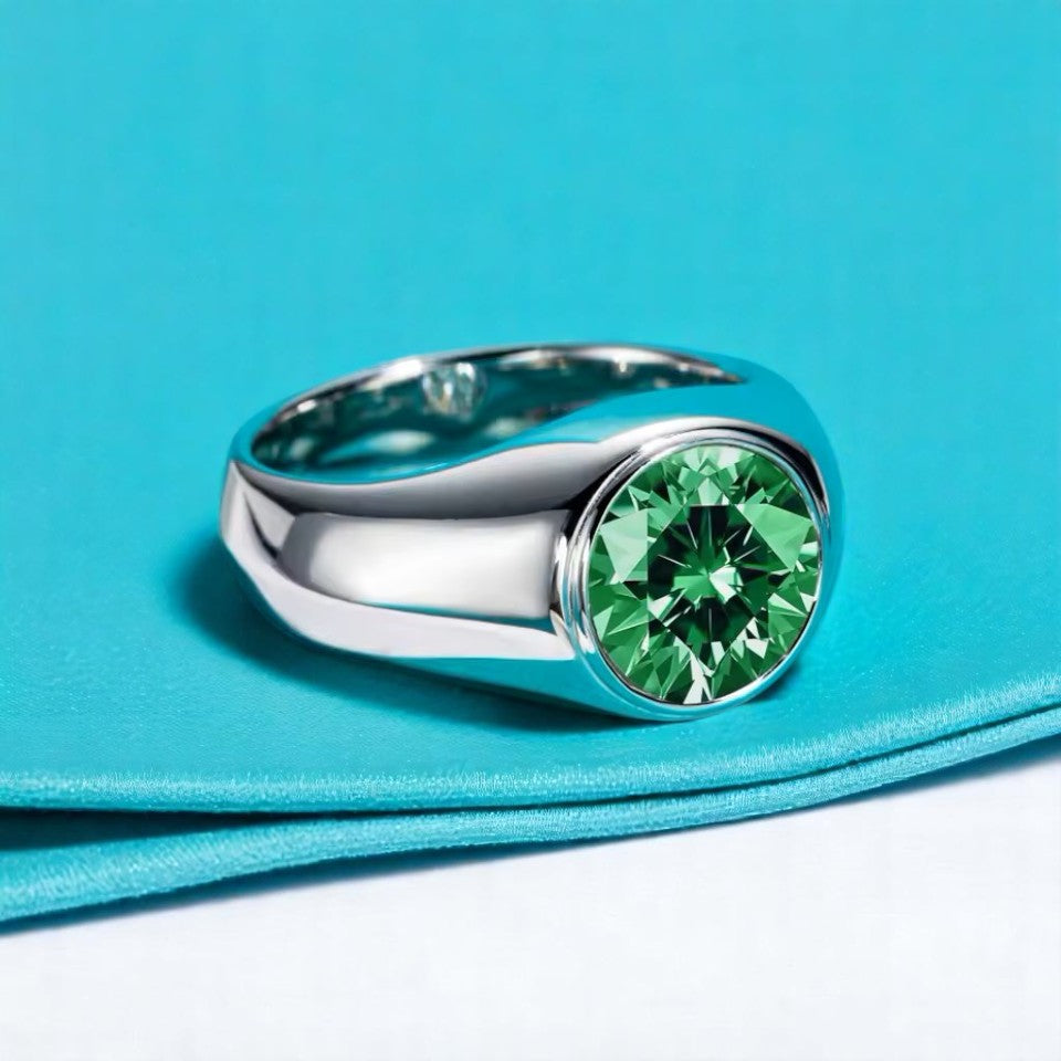 Men's 4 Carat Round-Cut Emerald Ring [Rhodium Plated] - VVS Lab Emerald Aura Diamonds