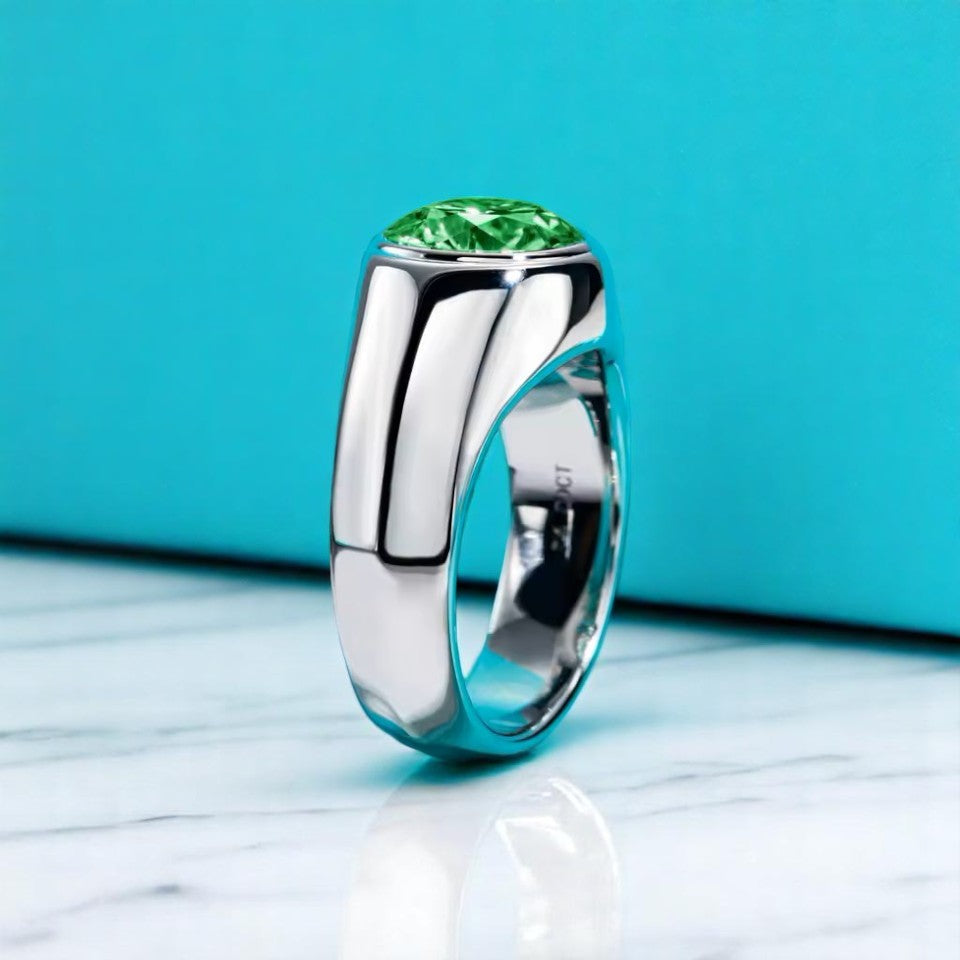Men's 4 Carat Round-Cut Emerald Ring [Rhodium Plated] - VVS Lab Emerald Aura Diamonds