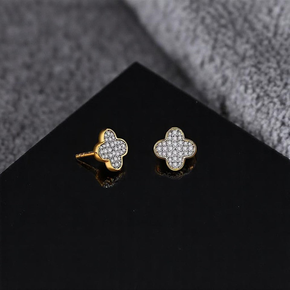 Dainty Clover Leaf Stud Earrings - Moissanite [Protective Rhodium Plated]