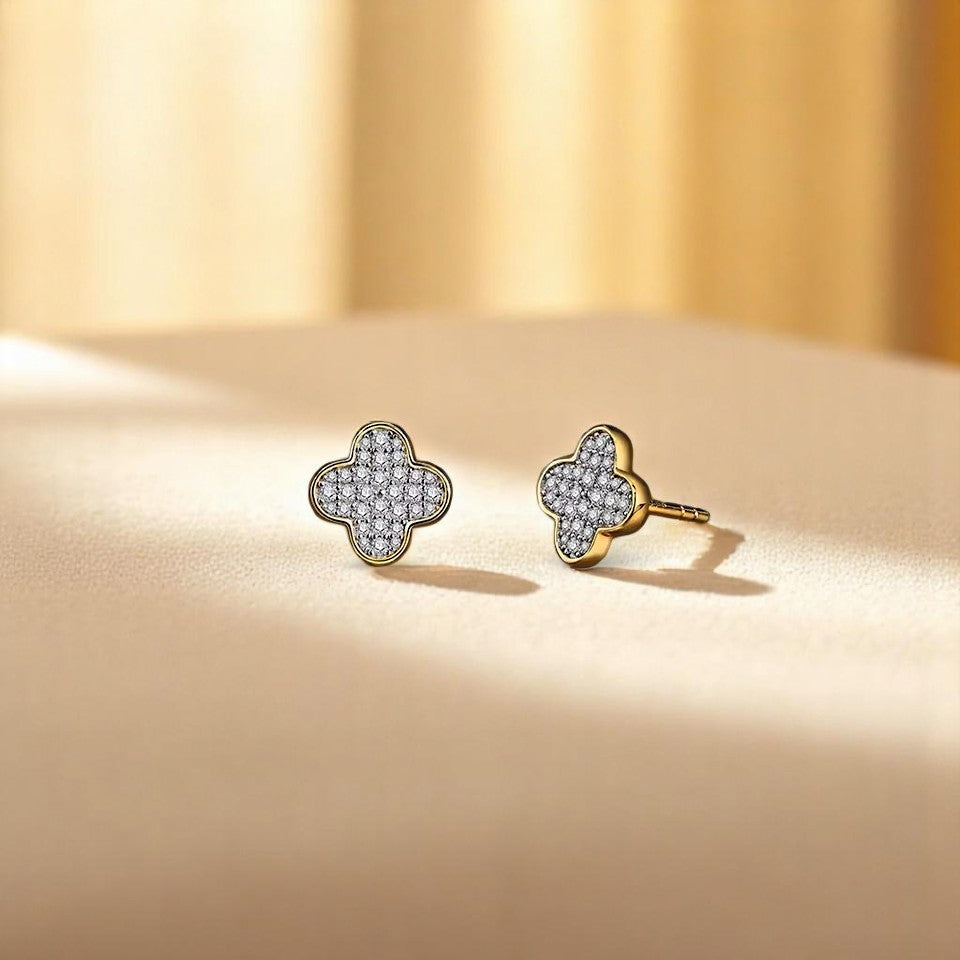 Dainty Clover Leaf Stud Earrings - Moissanite [Protective Rhodium Plated]
