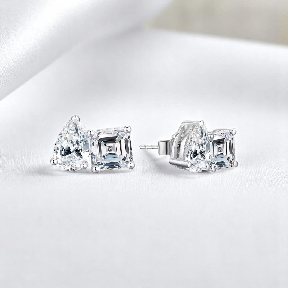 Toi et Moi 4.4 Carat Stud Earrings - Pear and Asscher Cut - Moissanite [2x2.2 CT] [Protective Rhodium Plated]