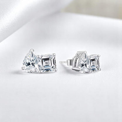Toi et Moi 4.4 Carat Stud Earrings - Pear and Asscher Cut - Moissanite [2x2.2 CT] [Protective Rhodium Plated]